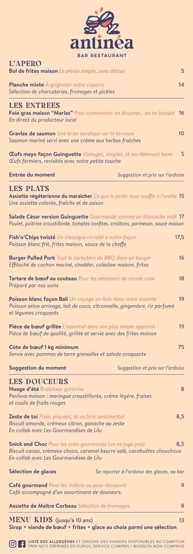 carte et menu Antinéa