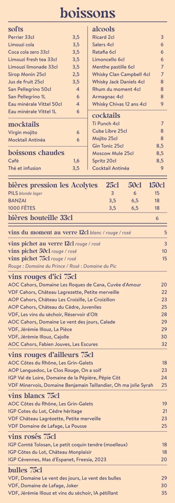 carte et menu Antinéa
